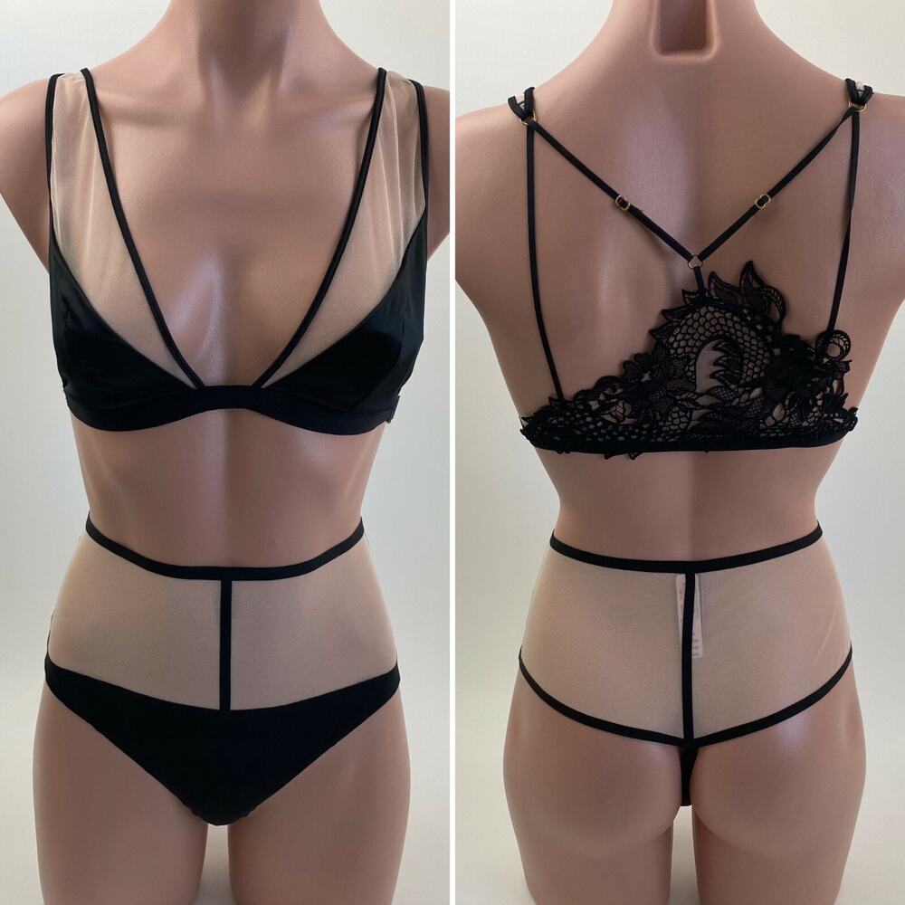 Victoria's Secret Wire Free Lace Bralette Bra L Thong XL Black Beige Set NWT